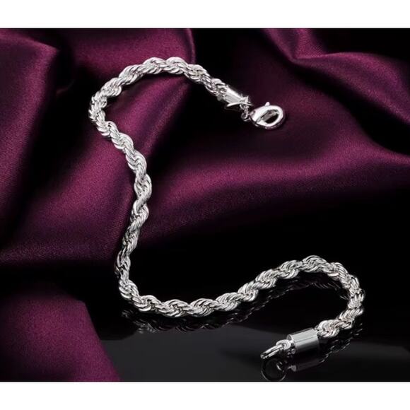 925 Stamped Sterling Silver 20CM 4MM Twisted rope chain Bracelet - Picture 4 of 4